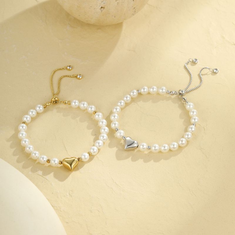Pulsera De Acero Inoxidable Con Corazón De Perlas