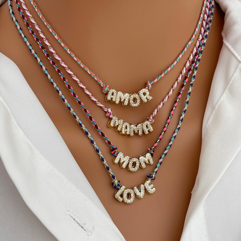 Color 2 Copper Inlaid Zircon M0m Braided Pull-out Round Bead Necklace (6mm) 75cm