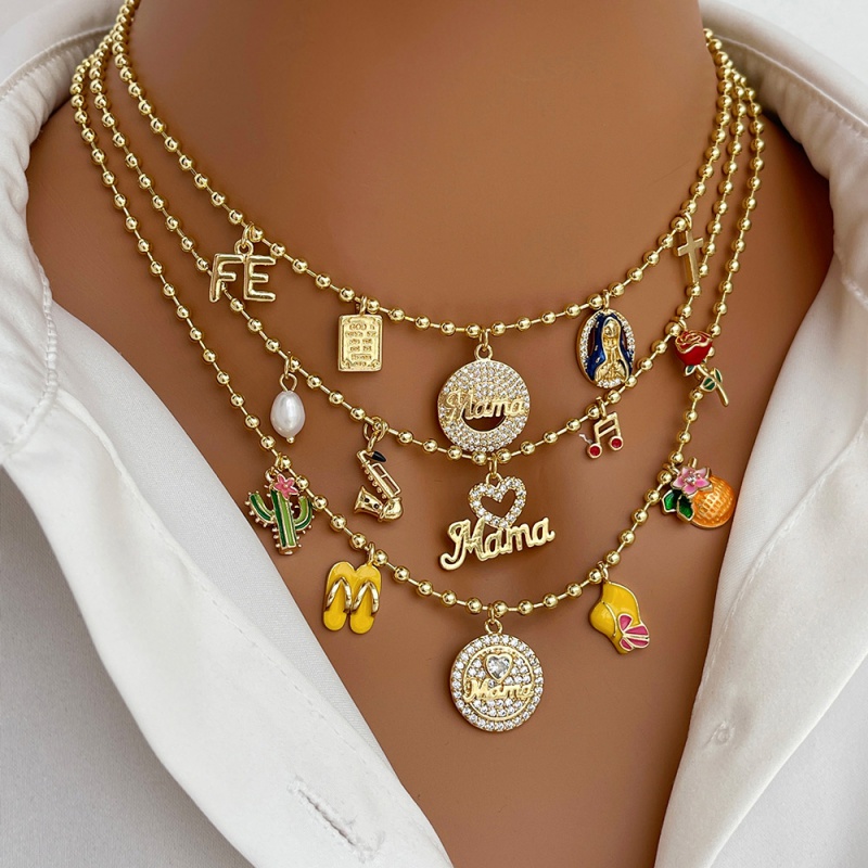 Collar De Cuentas Con Retrato De Mamá Con Circonitas Redondas Incrustadas En Cobre (3 Mm)