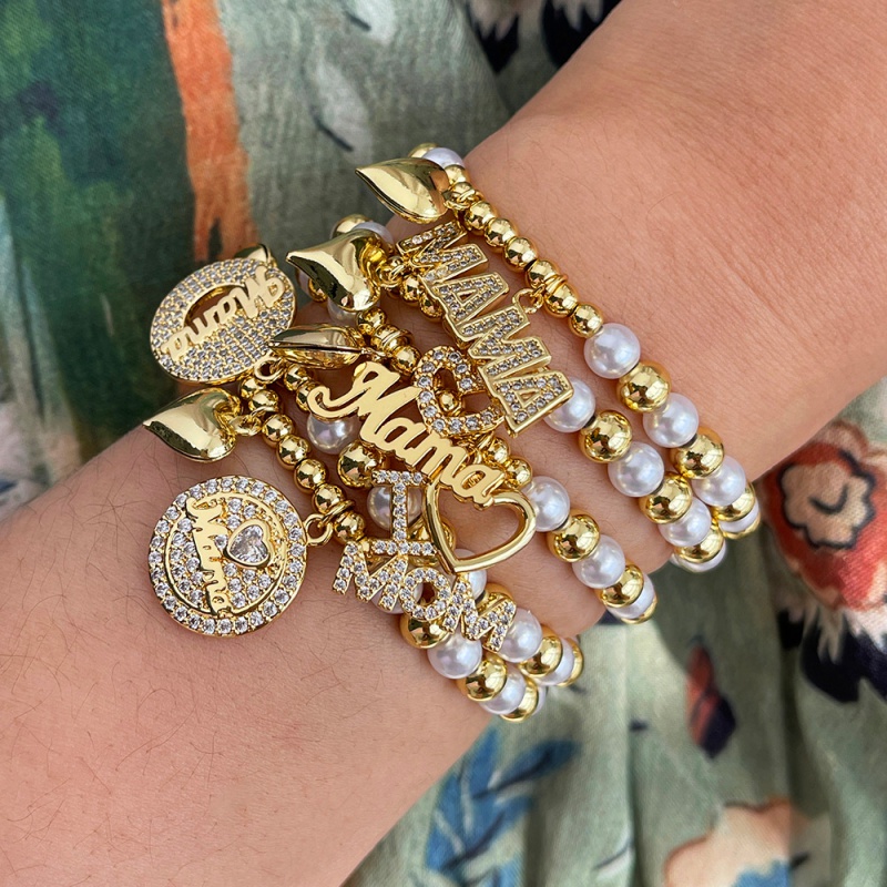Pulsera De Perlas Con Cuentas De Amor Y Circonitas Incrustadas En Cobre Para El Día De La Madre (6 Mm)