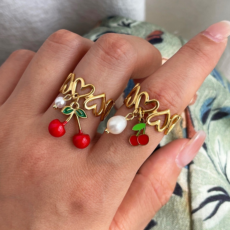 Anillo De Acero De Titanio Con Forma De Corazón De Perla Y Cereza Con Gota De Aceite