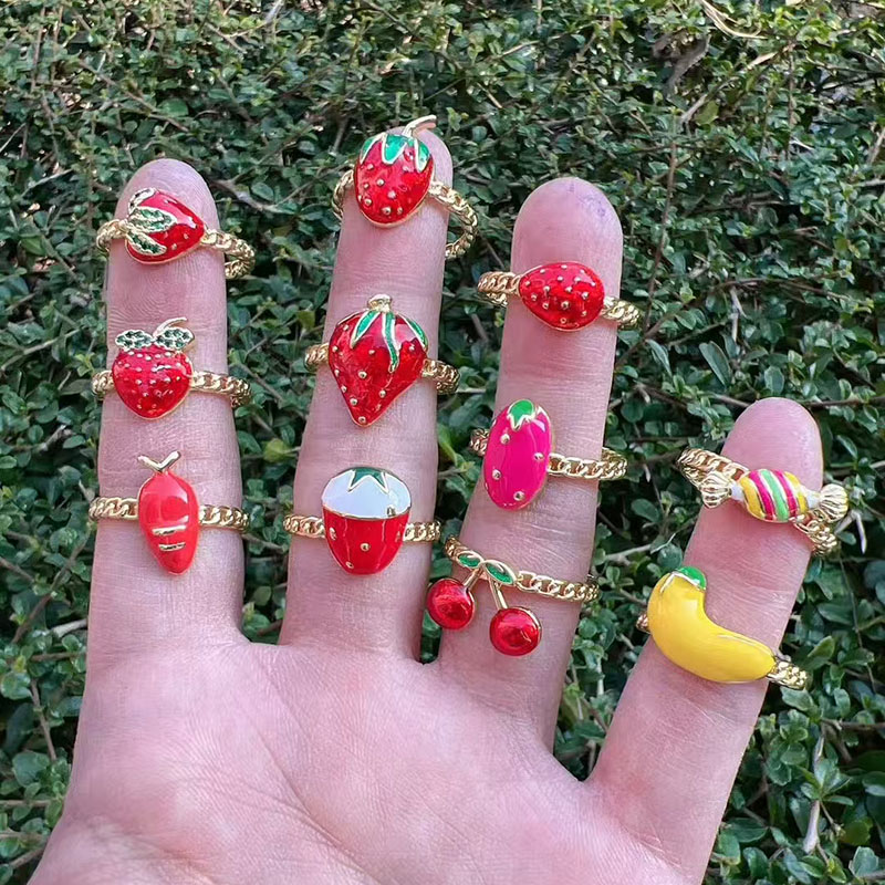 Anillo De Caramelo De Fresa Cereza Y Plátano De Cobre Bañado En Oro