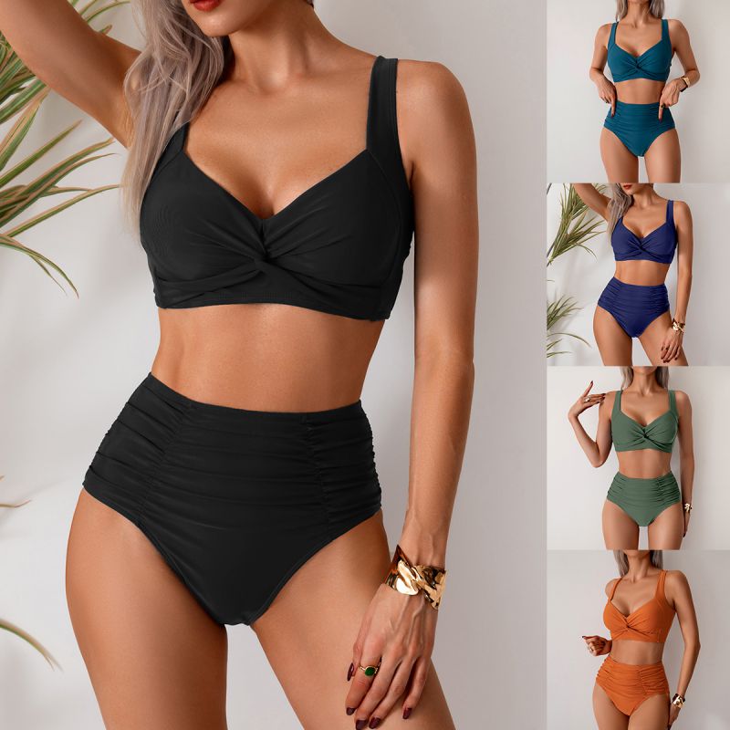 Malachite Green Nylon Pleated High Waist Two-piece Swimsuit