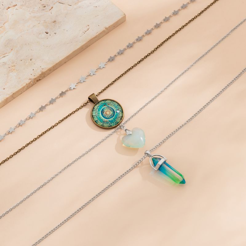 Silver Alloy Love Hexagonal Column Multi-layer Necklace
