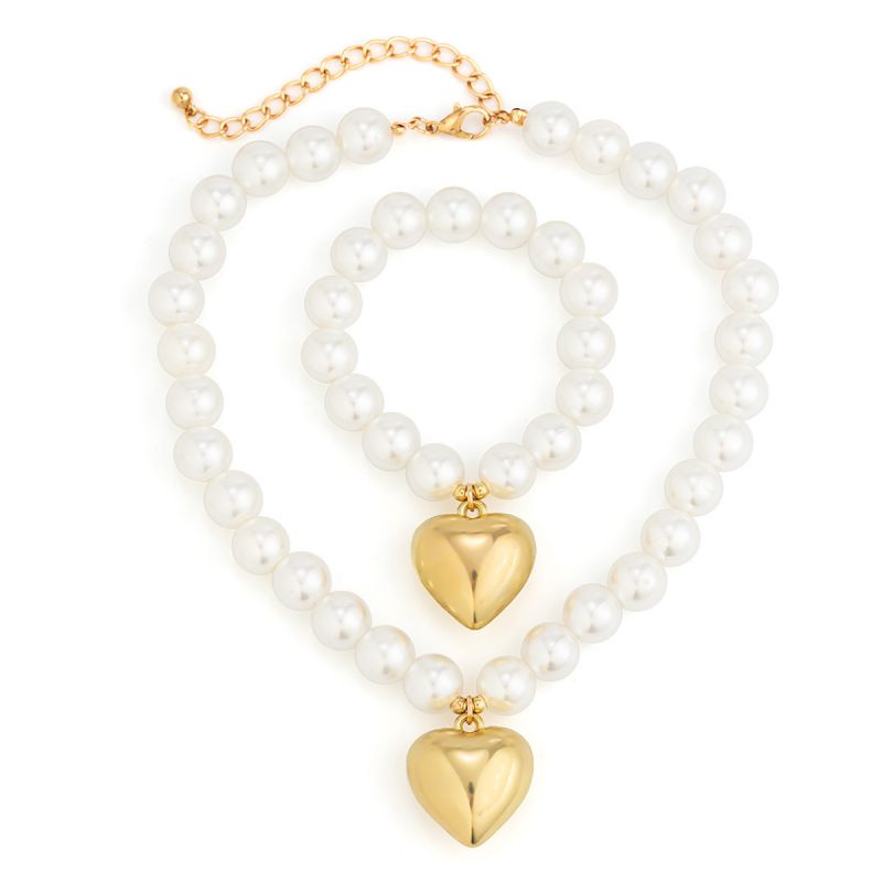 01 Gold Set Alloy Beaded Heart Necklace Bracelet Set