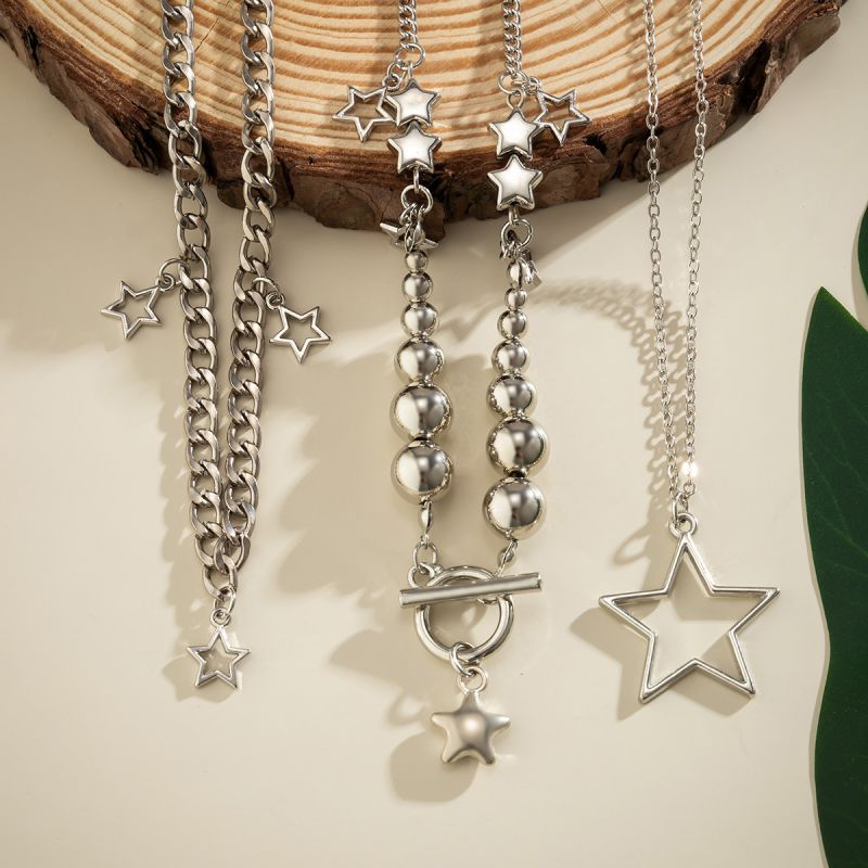 Silver Alloy Geometric Beaded Five-pointed Star Multi-layer Necklace