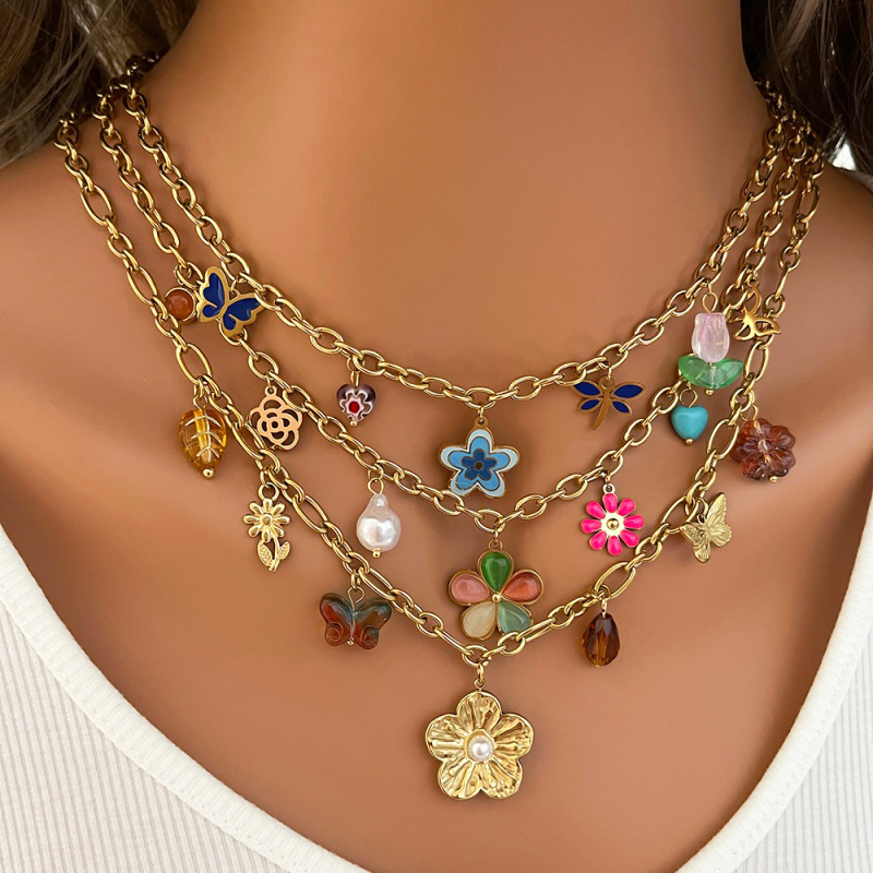 Collar Con Borla De Flores Y Gotas De Aceite De Acero De Titanio