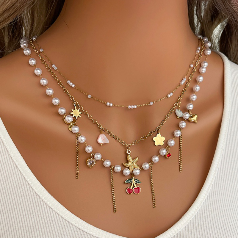 Collar Con Borla De Corazón De Circonita Y Perla De Acero De Titanio