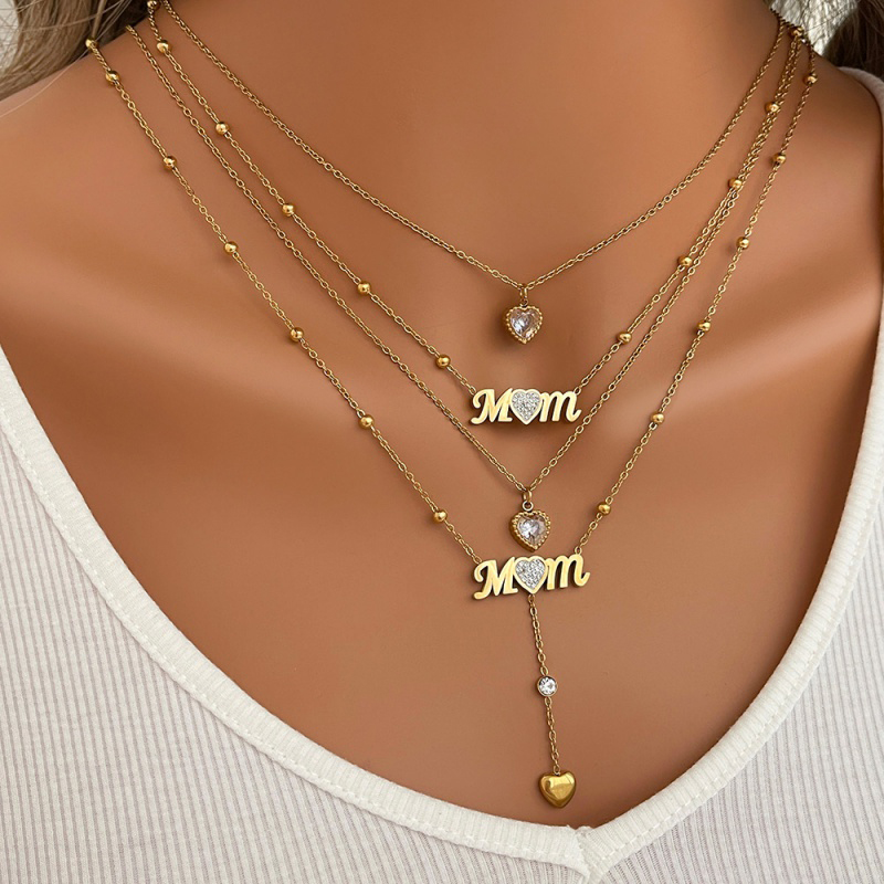 Collar De Amor Mom Con Incrustaciones De Circonita De Doble Capa De Acero De Titanio