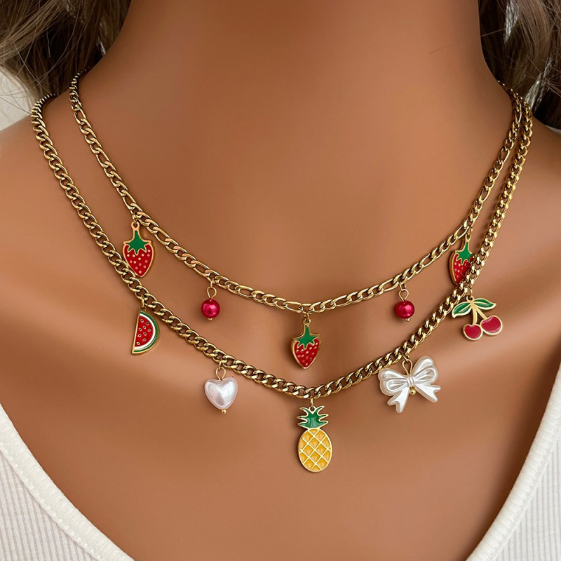 Collar De Cereza Con Gota De Aceite De Turquesa De Doble Capa De Acero De Titanio