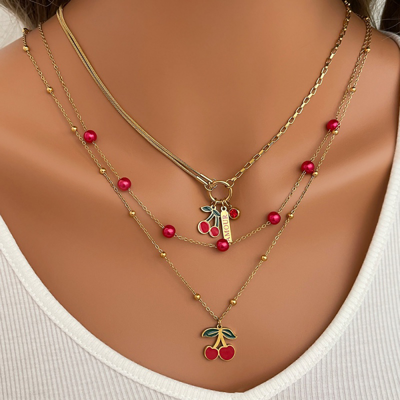 Collar Con Anillo De Letra De Cereza Y Gota De Aceite De Acero De Titanio