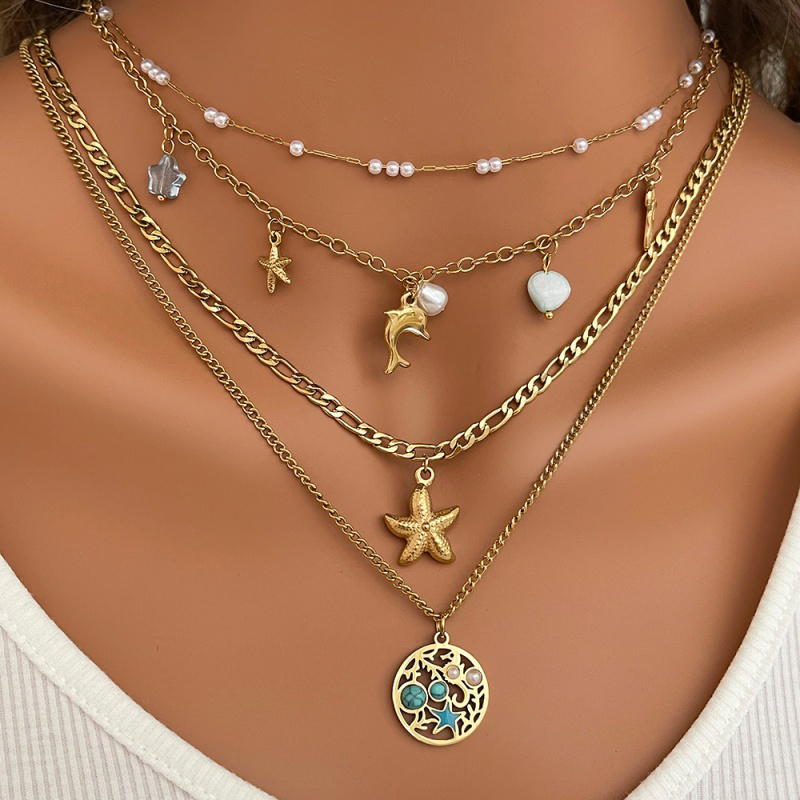 Collar De Estrella De Mar Turquesa De Doble Capa De Acero De Titanio