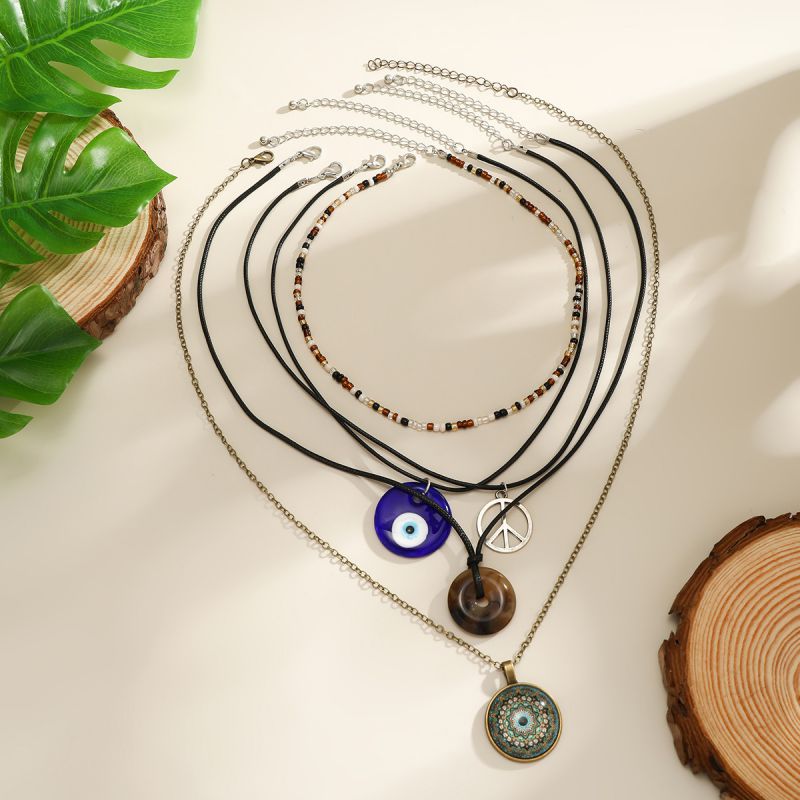 01 Color Mixing Alloy Geometric Eye Peace Buckle Multi-layer Necklace