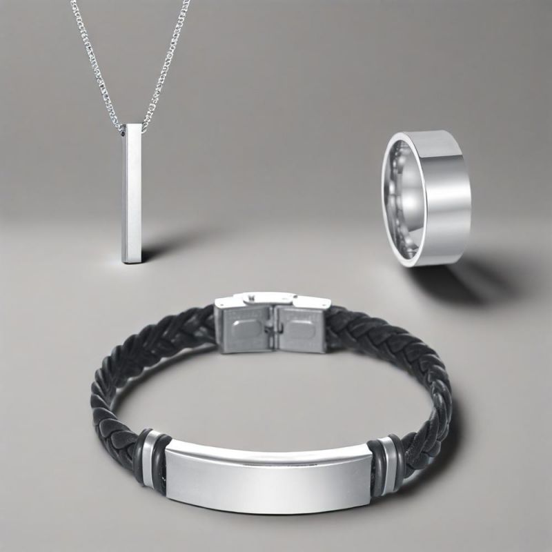 Conjunto De Collar Y Anillo Redondo Con Palma Vertical De Cuero Y Acero De Titanio