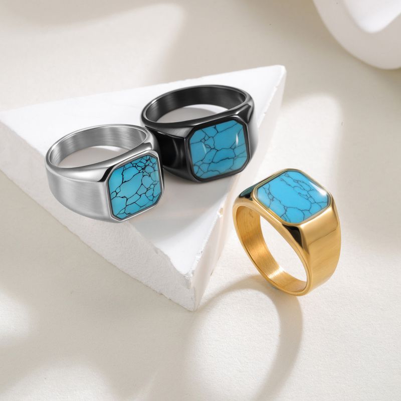 Anillo Cuadrado De Acero Y Titanio Con Turquesa Para Hombre