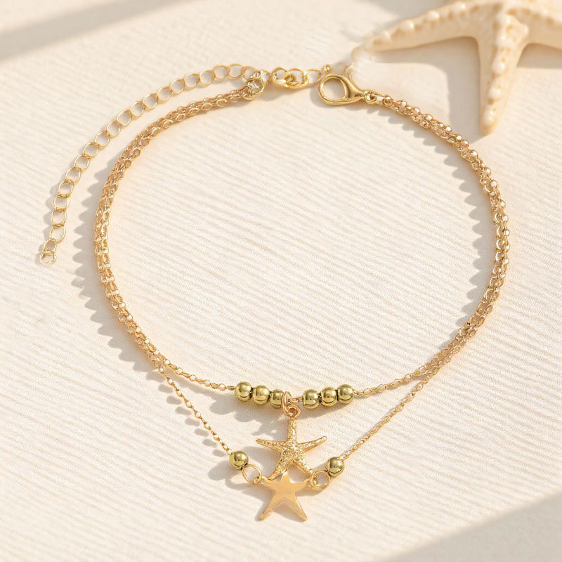 Tobillera De Doble Capa Con Estrella De Mar De Cinco Puntas De Metal