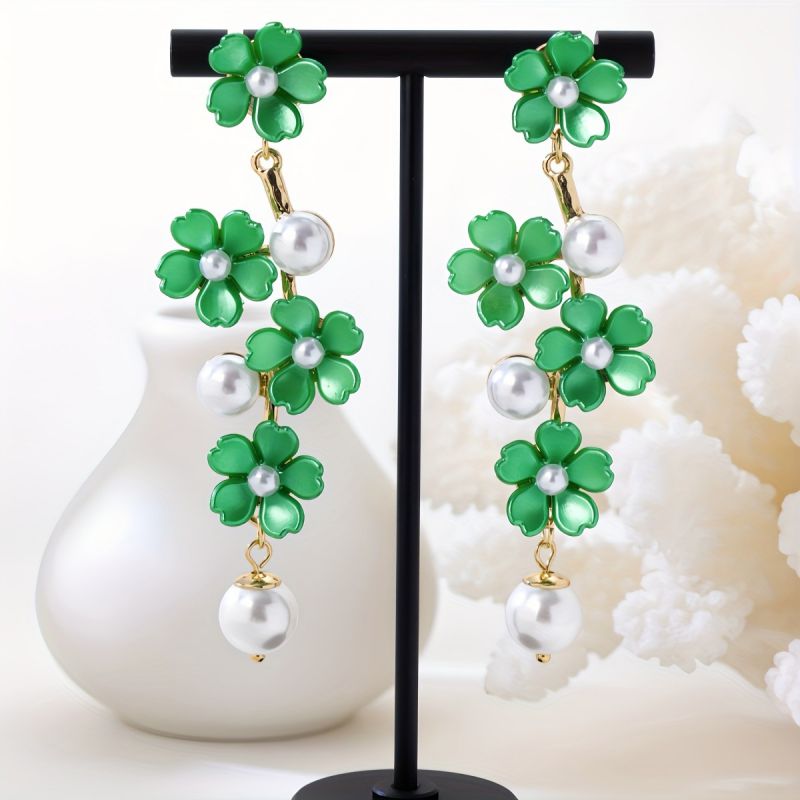 Pendientes De Aleación Con Flores Y Perlas
