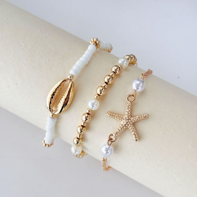 Juego De Pulseras De Conchas Y Estrellas De Mar Con Cuentas De Arroz