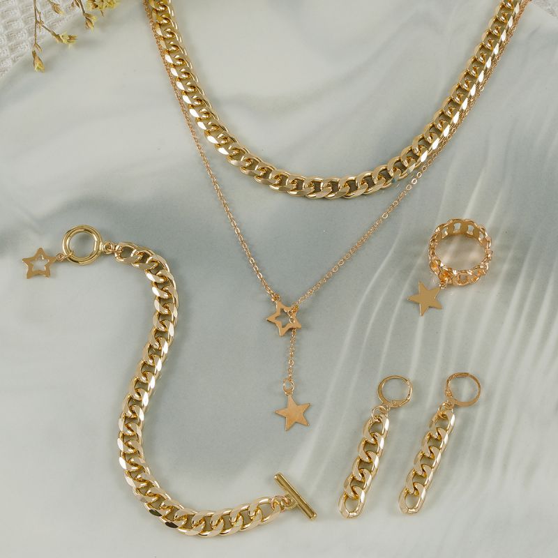 Conjunto De Collar Pulsera Pendientes Y Anillo Con Cadena De Estrella Geométrica De Cinco Puntas De Aleación