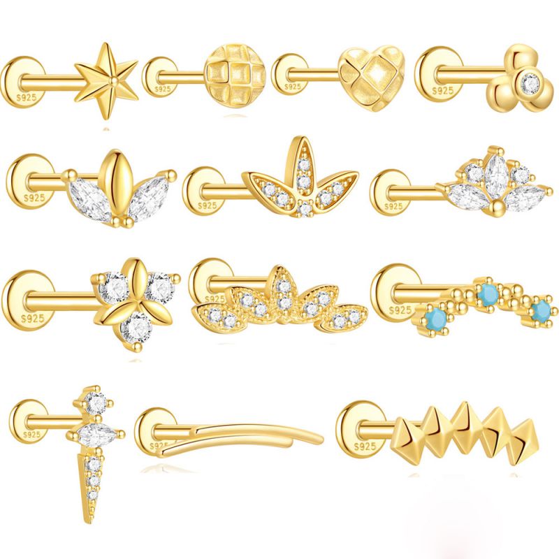 Pendientes De Plata Con Forma De Diamante Y Cabeza Plana Geométrica Con Rosca [individual]