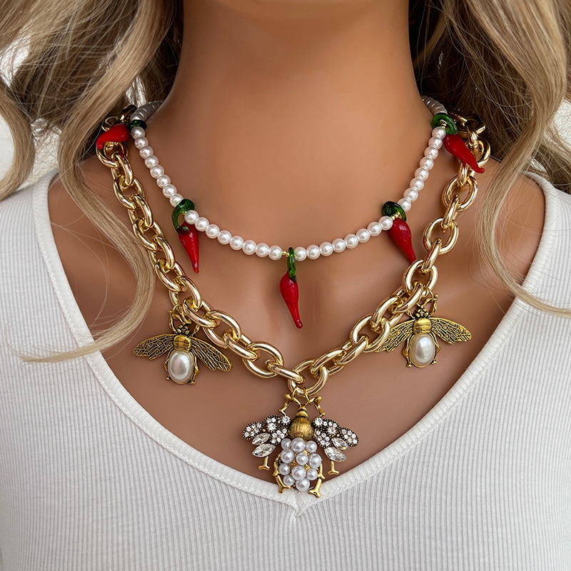 Collar Grueso De Abeja Con Perla Y Diamantes