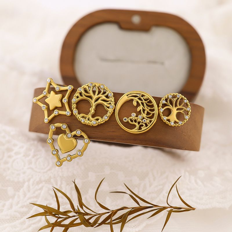 Pendientes Redondos De Acero De Titanio Con Forma De Árbol De La Vida Y Diamantes.
