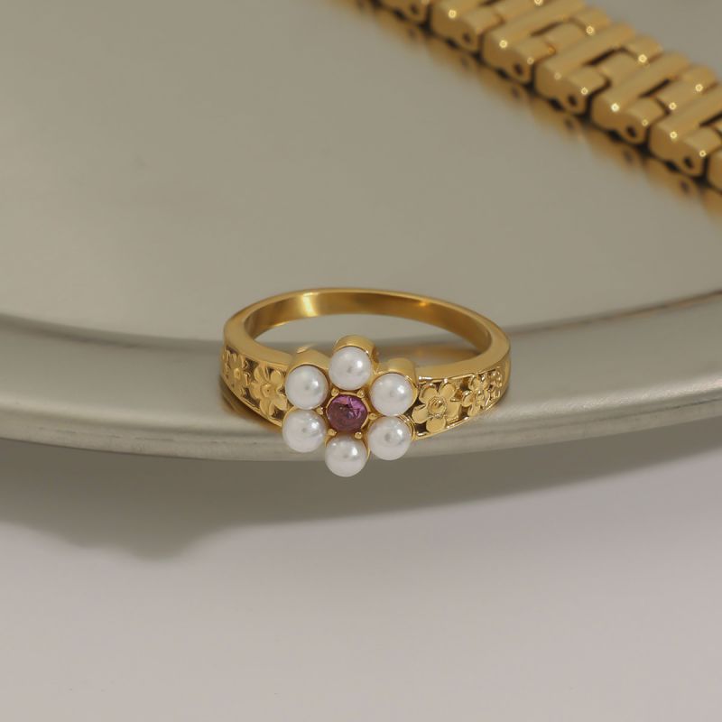 Anillo Redondo De Acero Inoxidable Con Perla Y Diamantes
