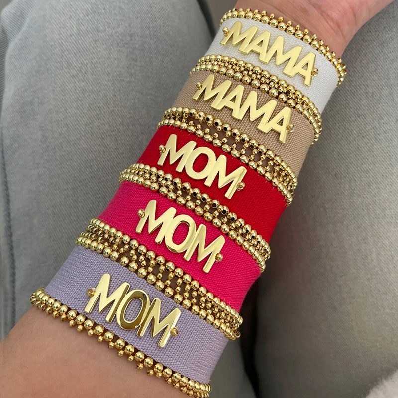 Pink 1 Letter Mama Copper Beaded Braided Tassel Bracelet (4mm)