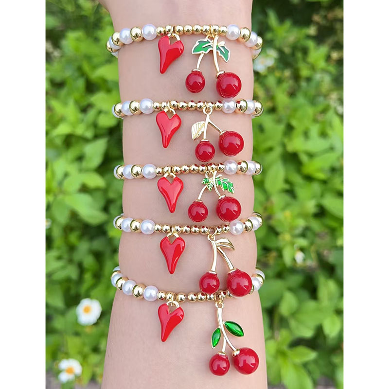 Pulsera De Cereza Con Corazón De Cuentas De Perla Dorada Y Bañada En Cobre
