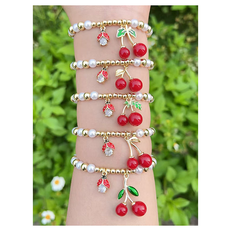 Pulsera De Cereza Con Insectos Y Diamantes Con Cuentas De Perla Bañadas En Cobre