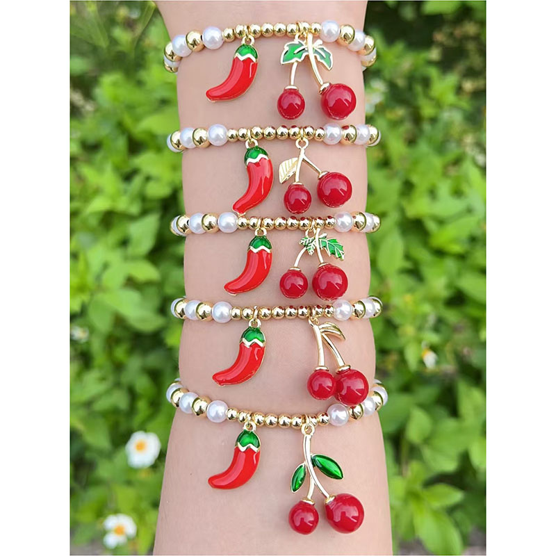 Pulsera De Cereza Y Chile Con Cuentas De Perla Bañadas En Cobre