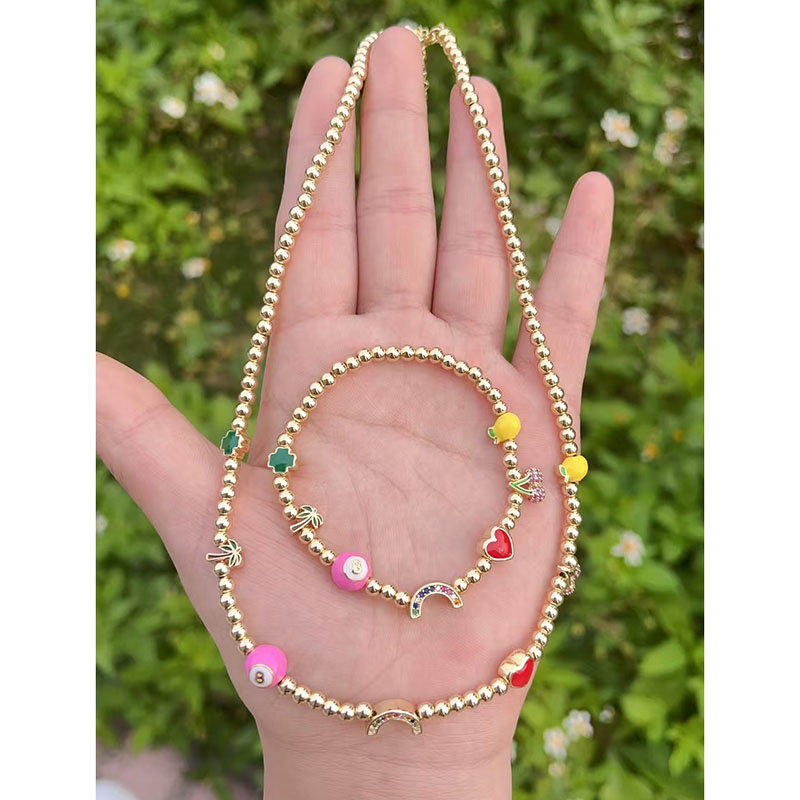 Pulsera De Arcoíris Con Corazón De Cereza Y Diamantes Con Cuentas De Oro Y Baño De Cobre