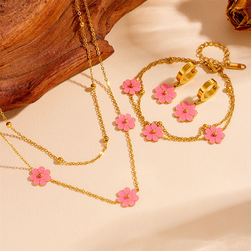 Pink Shell Set Titanium Steel Flower Double-layer Necklace Bracelet Earring Set