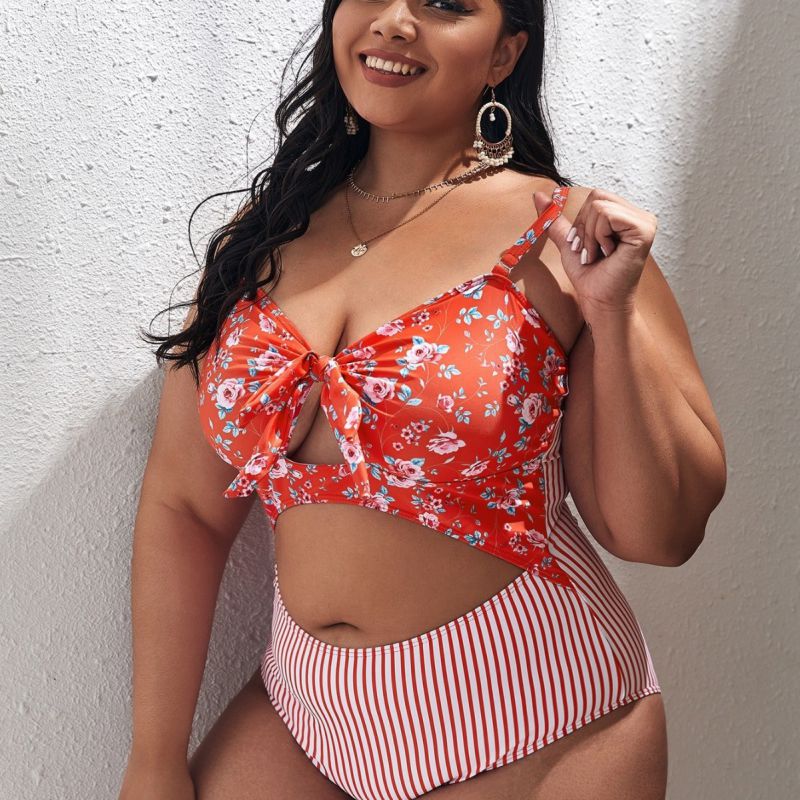 Red Polyester Printed Large Size Two-piece Swimsuit