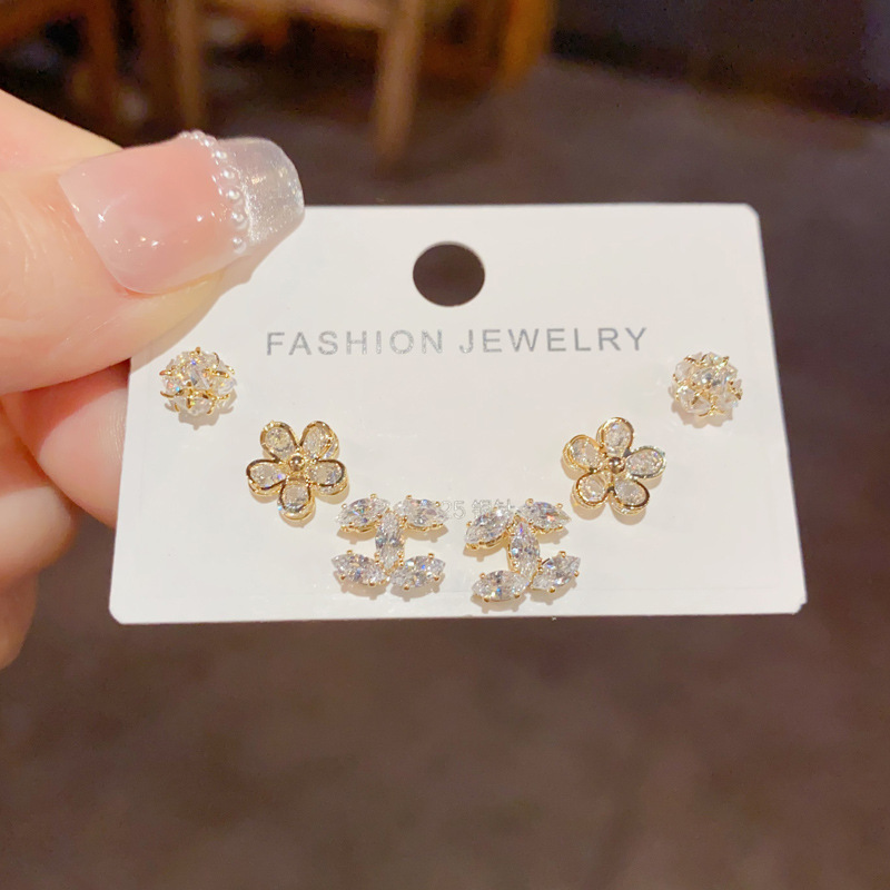 Silver-full Diamond Flower Double C Three-piece Earrings (thickened Real Gold Electroplating) Copper Diamond Flower Earring Set