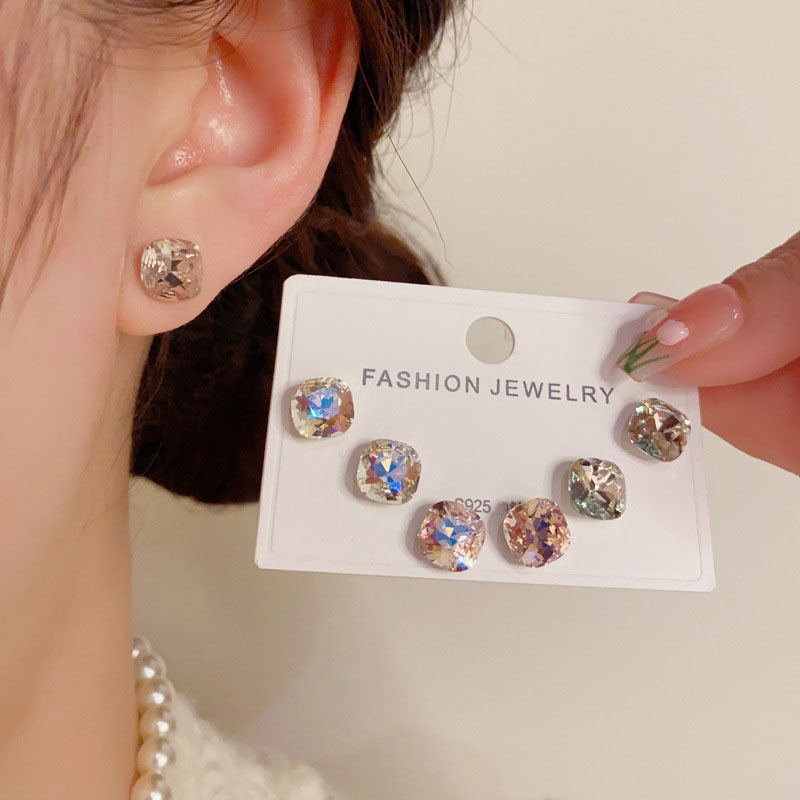 Green-color Square Three-piece Earrings (thick Gold Plating) Copper Diamond Square Earring Set