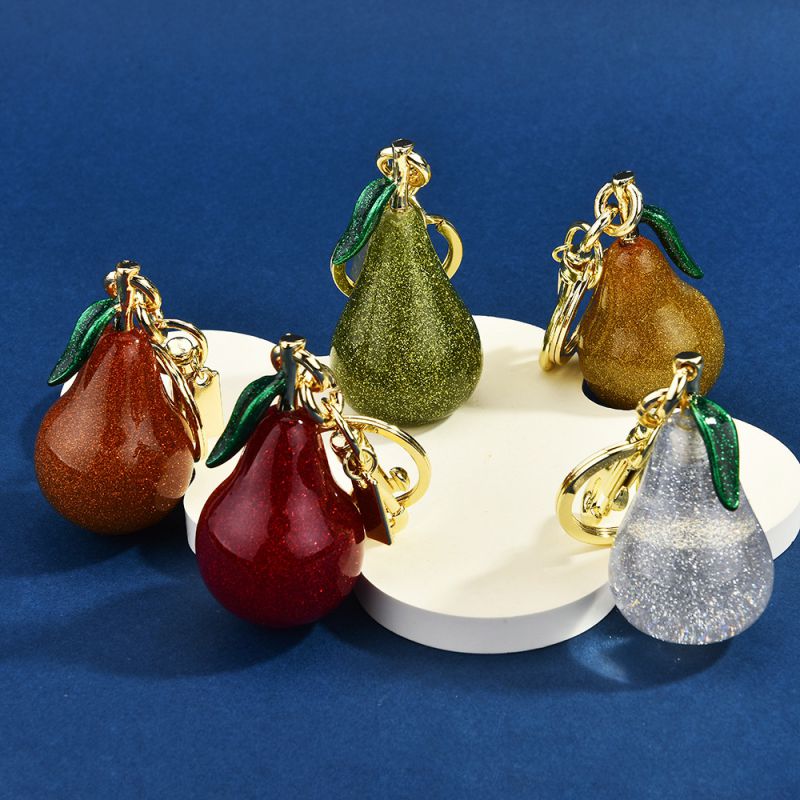 Fruit Big Pear Single Leaf Pendant Green Metal Diamond Fruit Keychain