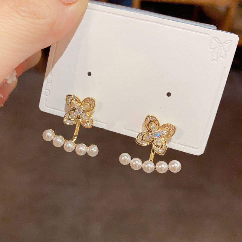 Gold-full Diamond Four-leaf Flower Two-piece Pearl Earrings (thickened Real Gold Electroplating) Copper Diamond Pearl Petal Earrings