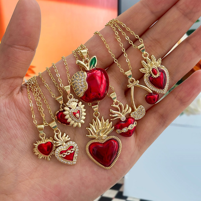 Red 1 Copper Inlaid Zircon Oil Dripping Apple Necklace