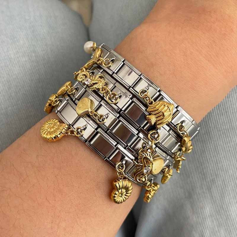 Gold And Silver 1 Titanium Sea Series Square Module Bracelet