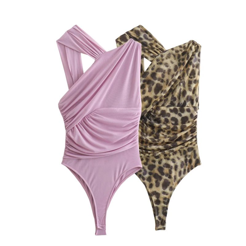 Pink Woven Asymmetric Crinkled-tulle Bodysuit