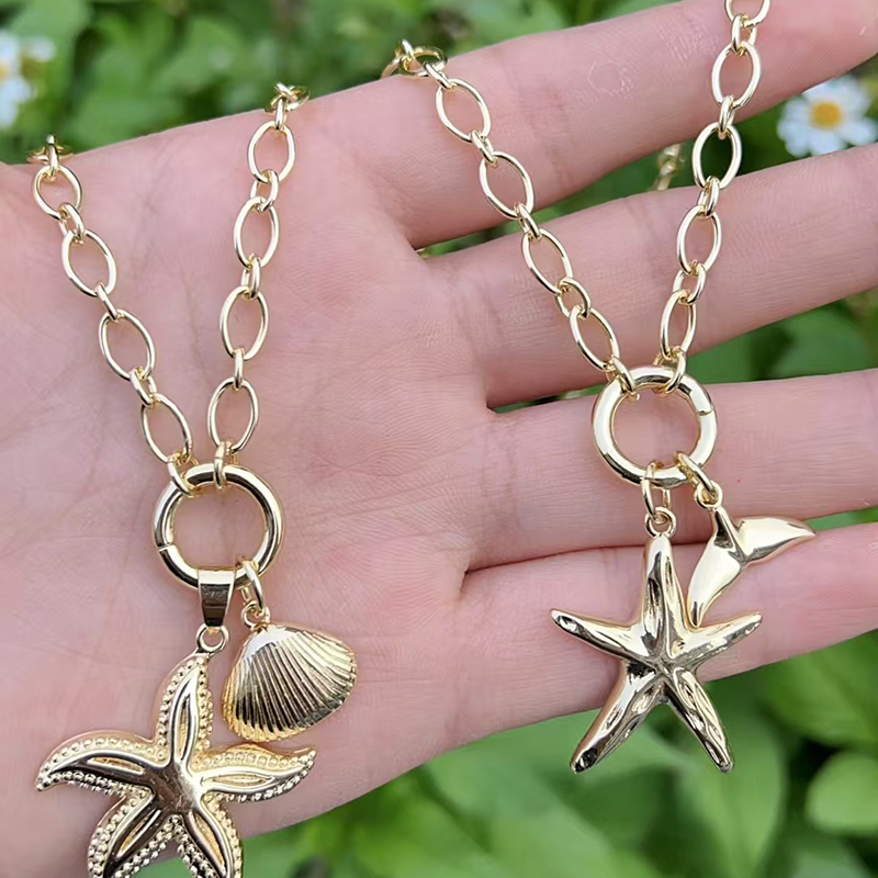 Collar De Cola De Pez Con Estrella De Mar Y Concha De Oro Bañado En Cobre