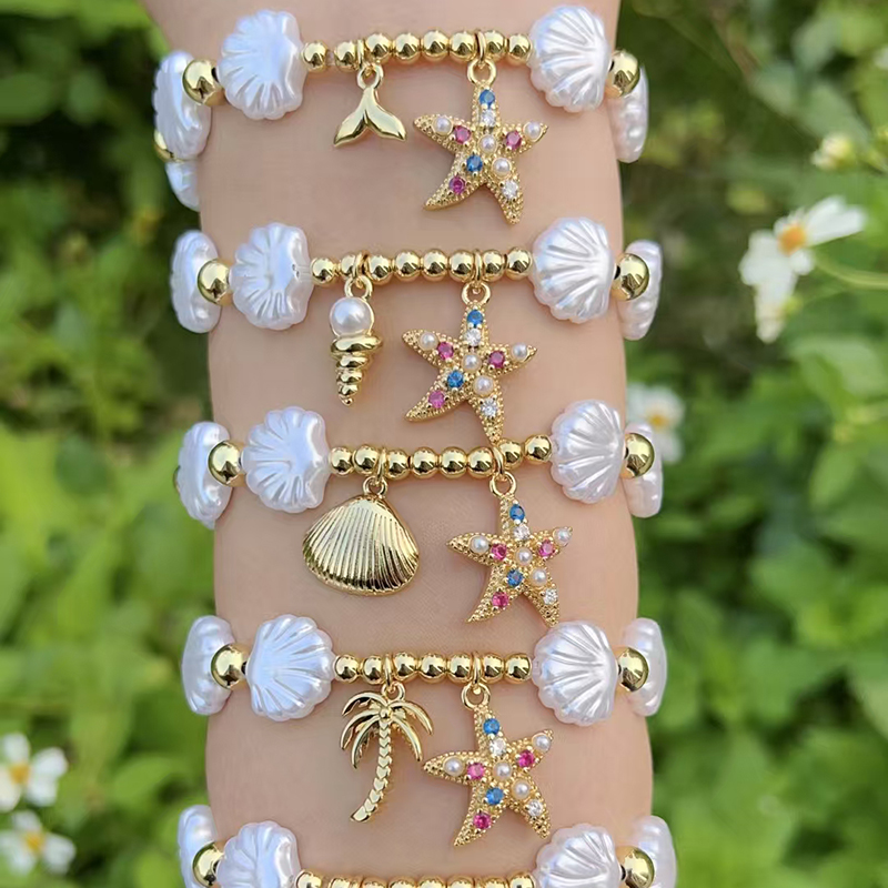 Pulsera De Estrella De Mar Con Concha De Perla Bañada En Oro Y Cobre