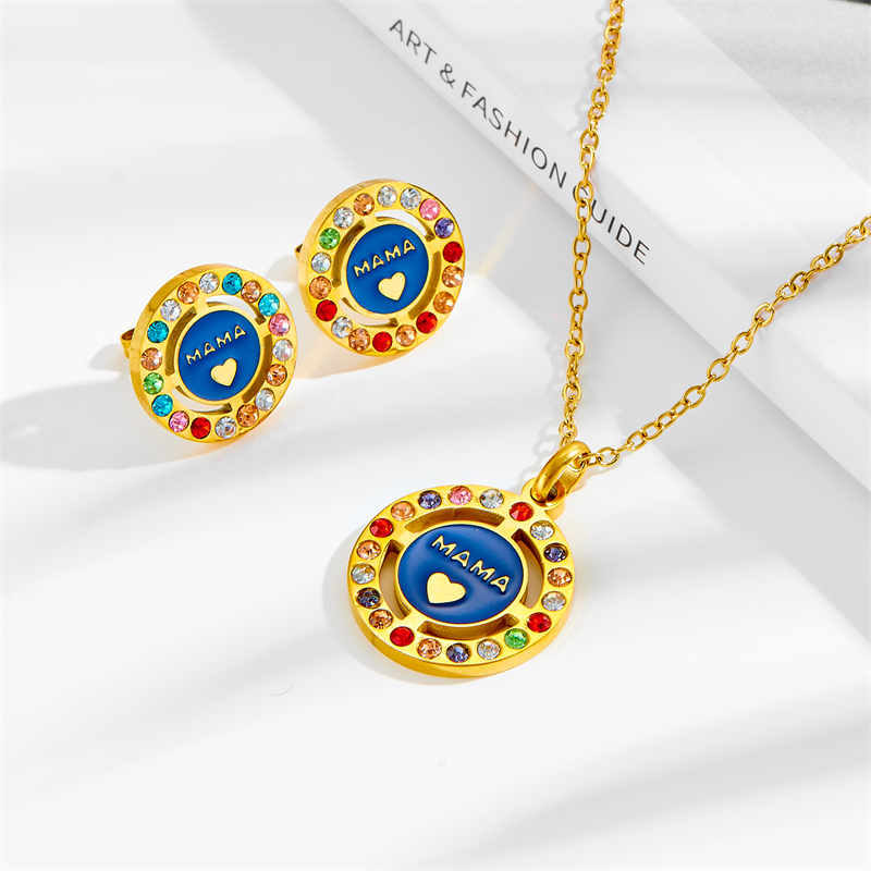 Conjunto De Pendientes Y Collar Redondos De Diamantes De Acero De Titanio