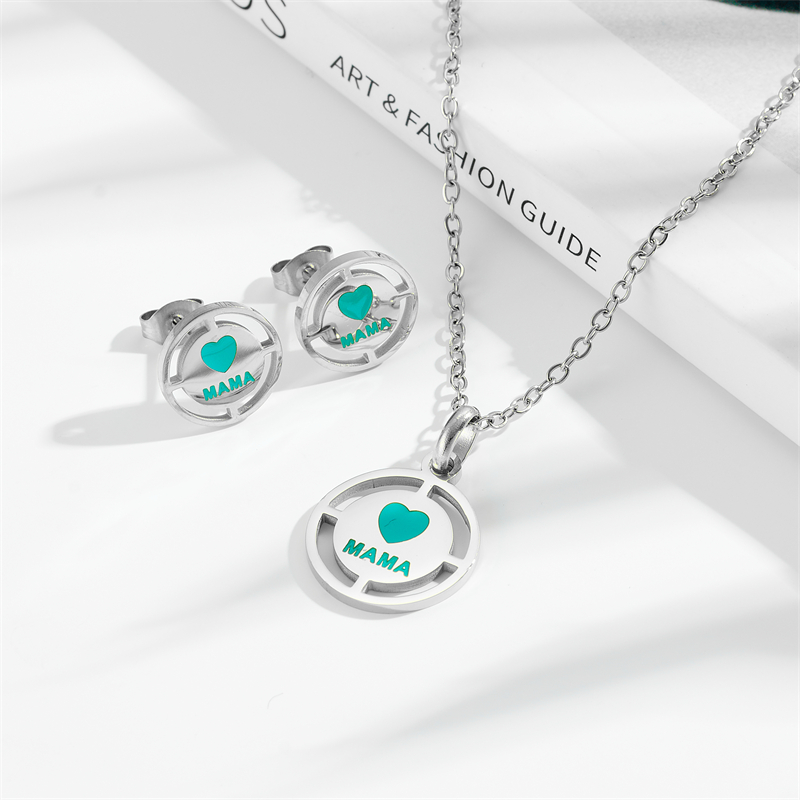 Conjunto De Pendientes Y Collar Con Letras Redondas De Acero De Titanio