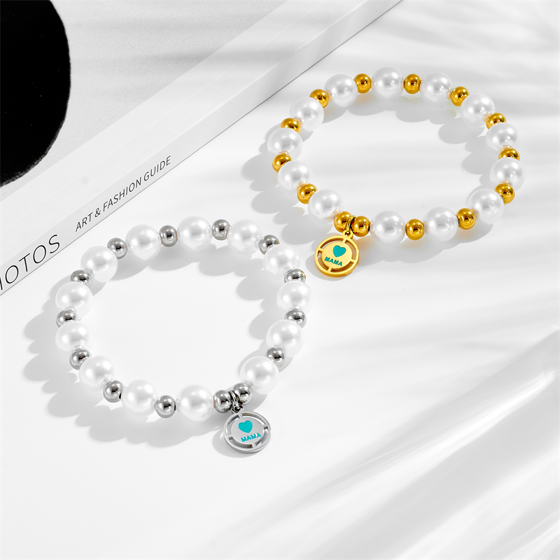 Pulsera Redonda Con Letras Y Cuentas De Perla De Acero Y Titanio