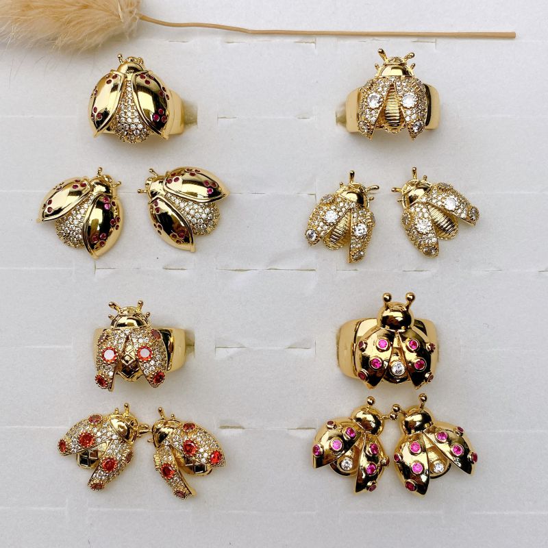 Type A Copper Plated Gold Diamond Beetle Open Ring Earring Set