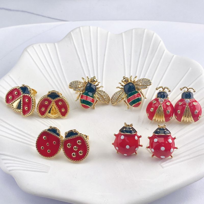 F Copper And Diamond Ladybug Earrings