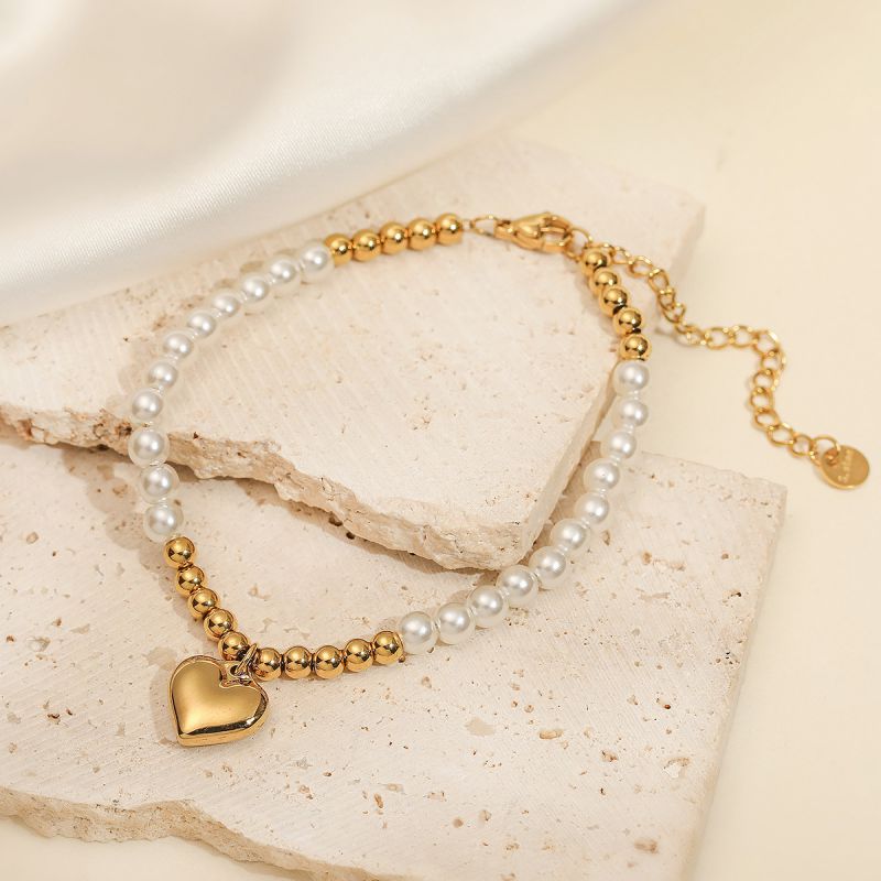 Pulsera De Acero Inoxidable Con Corazón De Perlas