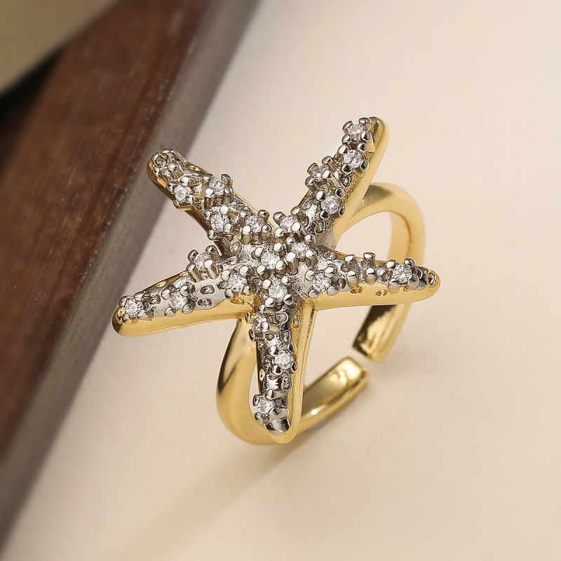 Starfish Copper Inlaid Zirconium Starfish Shell Geometric Open Ring